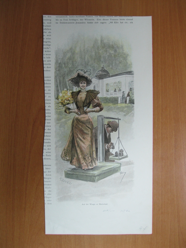 Mujer elegante pesándose en una peculiar balanza, 1894